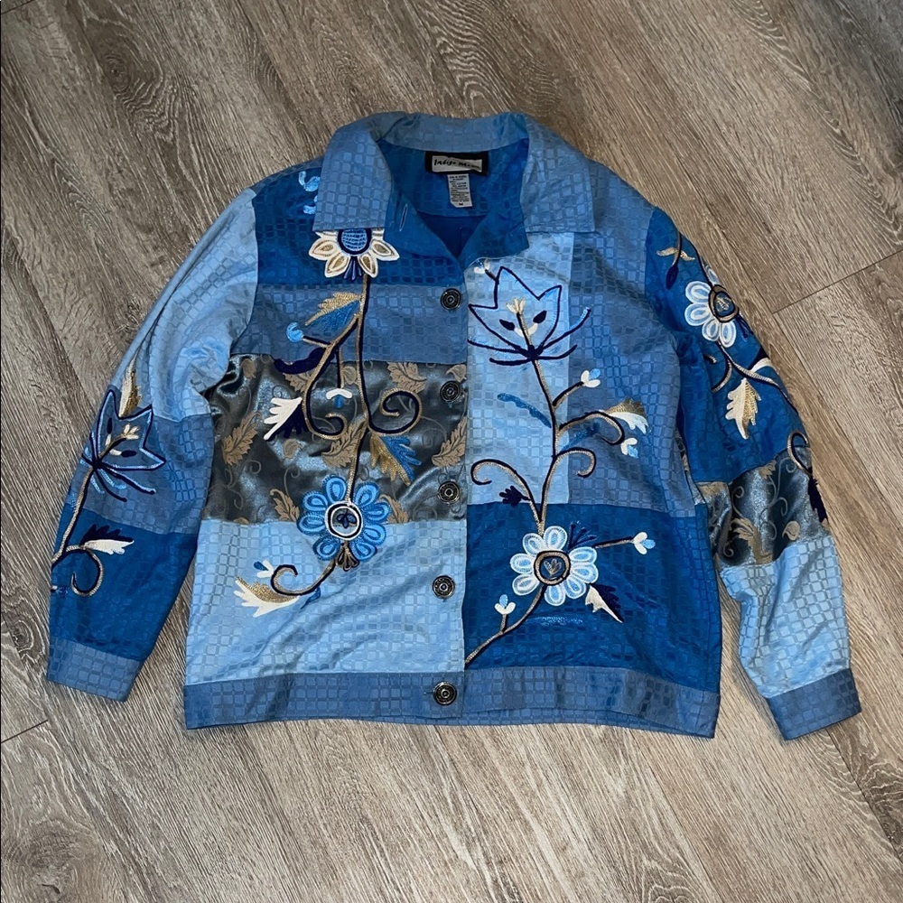 Indigo moon Blue Patchwork Floral Jacket artsy funky size medium button up